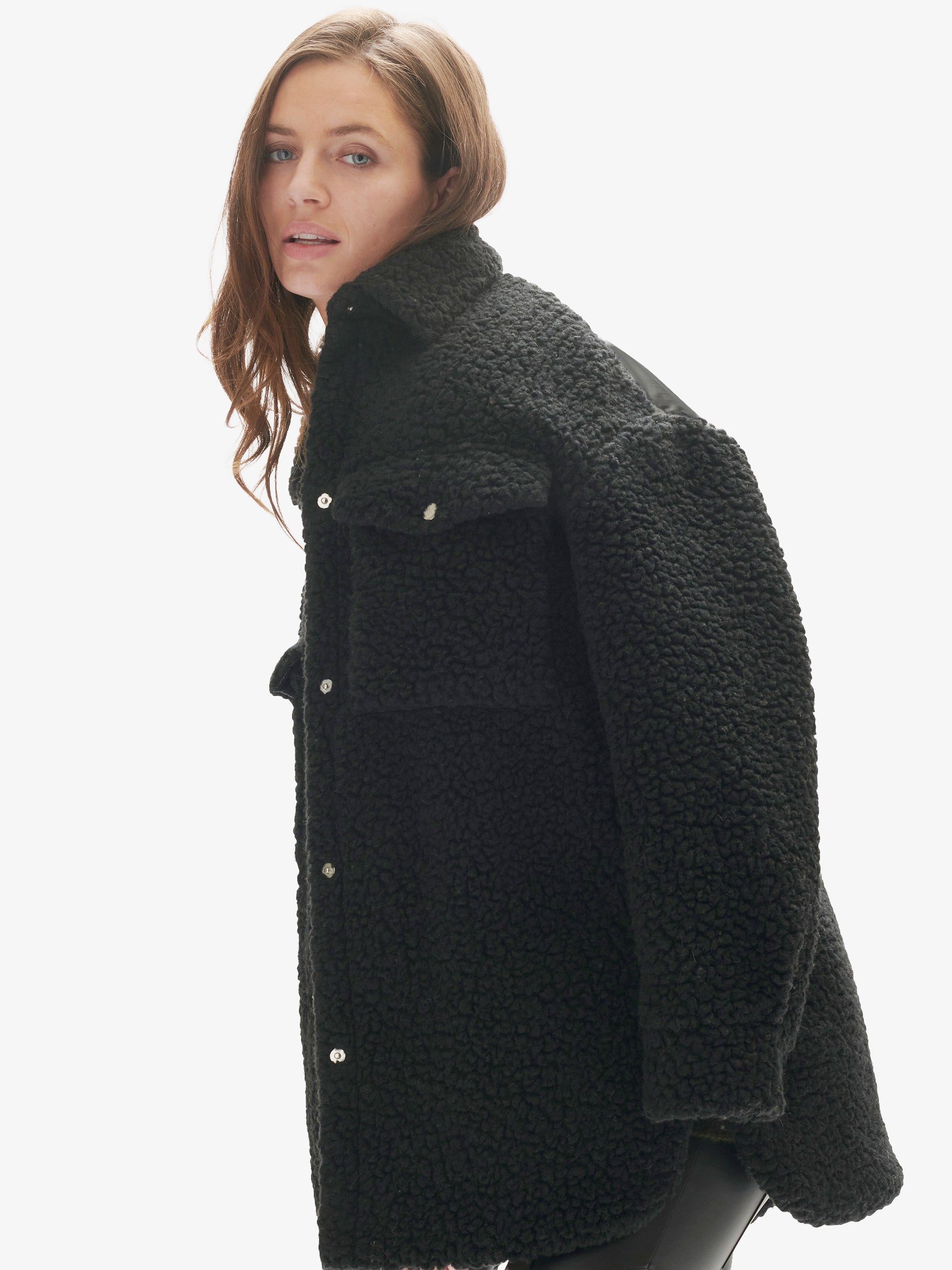 Padded Wool Sherpa Shirt Jacket - Black
