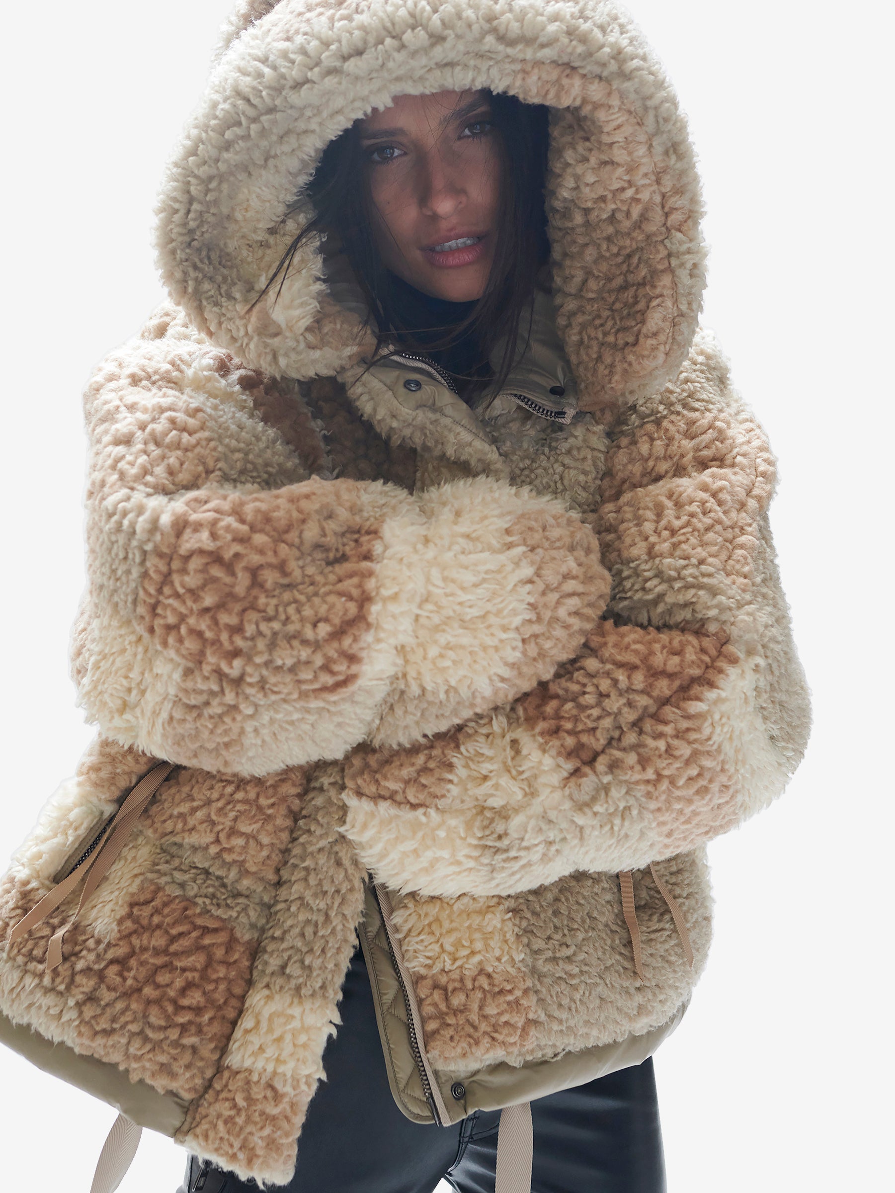 Woman SHERPA DOWN PUFFER - Natural Mix - front - hood up
