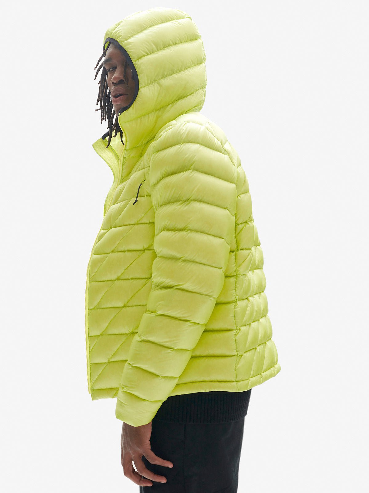 Man PACKABLE DOWN JACKET - Mineral Yellow - side - hood up