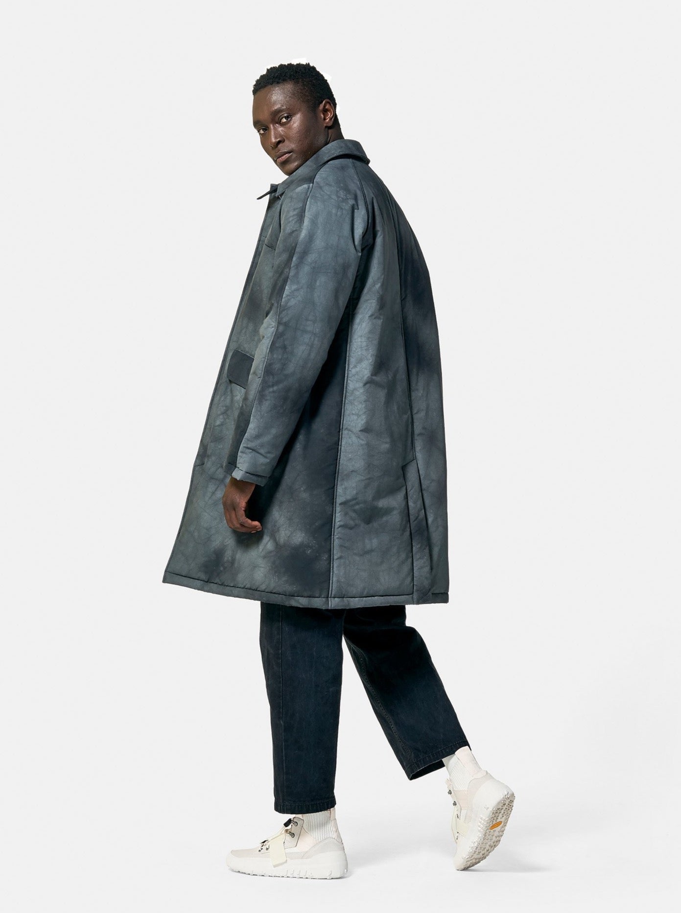 Man Insulated Trench Coat - Navy Wave Dye - left side