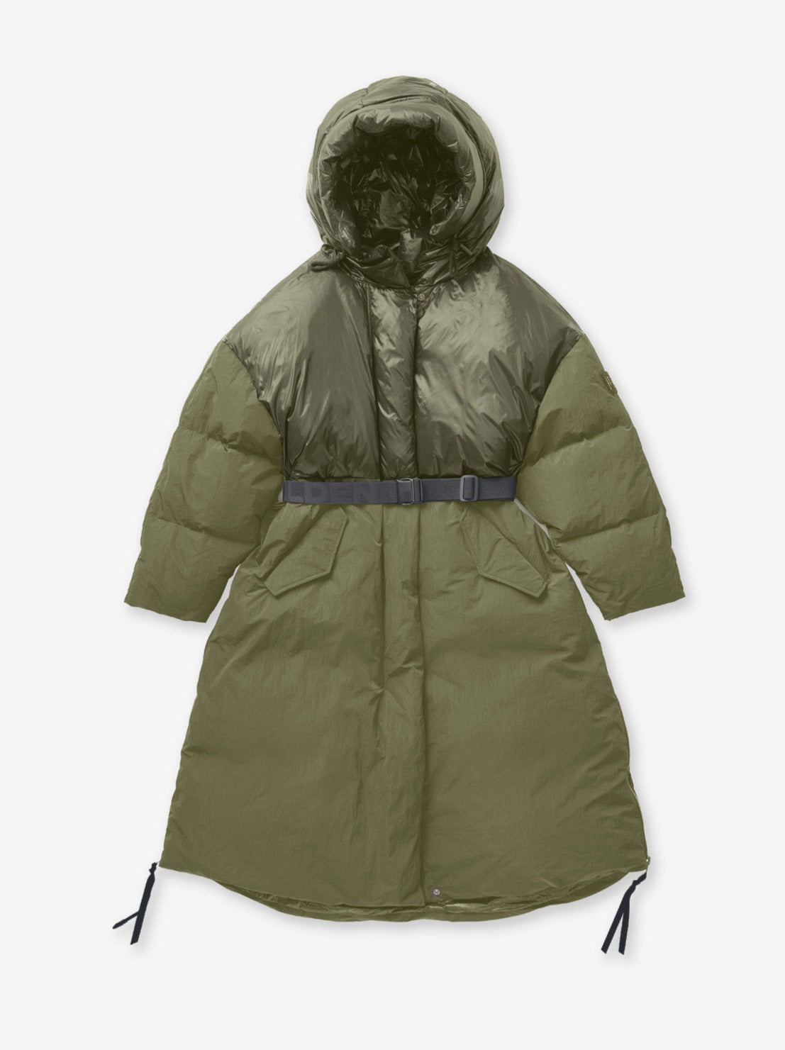 Woman LONG DOWN PUFFER - Stone Green - flat lay with belt